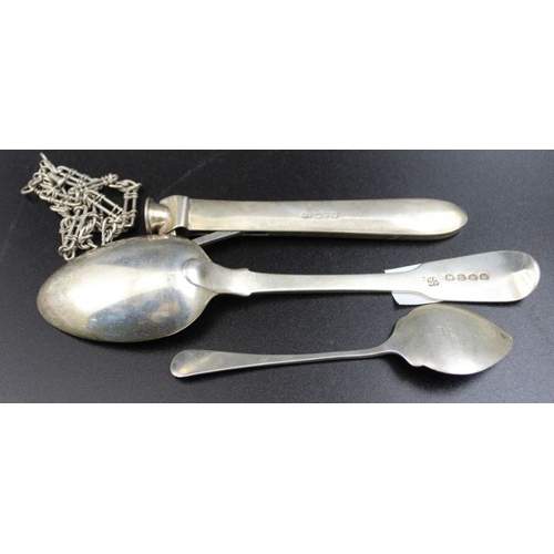 18 - A quantity of silver items, includes sporting fobs, spoons, vesta case, coins, silver mounted cigar ... 