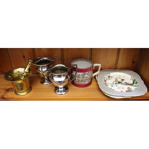 192 - Pratt ware mug, Royal Worcester plates and metalwares