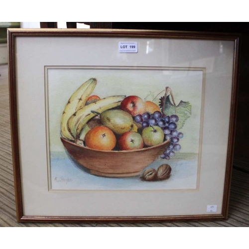 199 - R. Thorpe, A still life watercolour study of a bowl of fruit, signed, in slender gilt frame