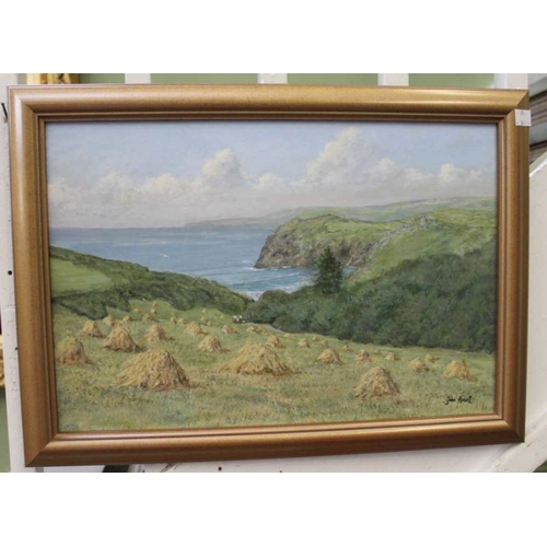 213 - A watercolour study of a cliff top view, hay fields & sea, signed John Hewitt