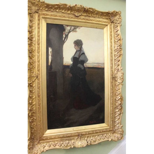 217 - Ferdinand Wagner, 19th century oil on canvas, A study of Medieval dressed lady, 63cm x 39cm, signed,... 