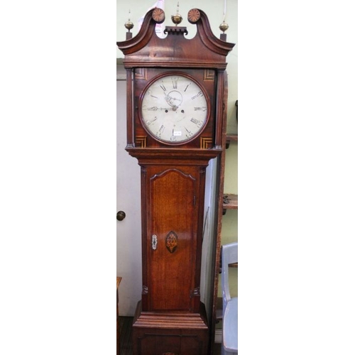 225 - A Leicester made long case clock, mahogany crossbanded oak, circular dial, 8-day movement, c.1800, 2... 