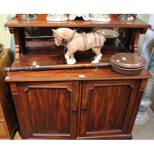 263 - A 19th century mahogany cabinet, upstand back with shelf and mirror, over two cupboard doors, 103cm ... 