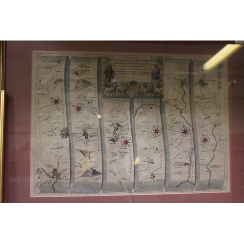 274 - John Ogilby, a later hand coloured road map Gloucester to Coventry, glazed and framed