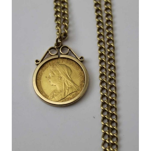 48 - An 1897 half sovereign set within a 9ct pendant frame, on an 18ct gold chain, combined weight: 11.3g