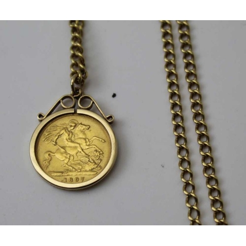 48 - An 1897 half sovereign set within a 9ct pendant frame, on an 18ct gold chain, combined weight: 11.3g