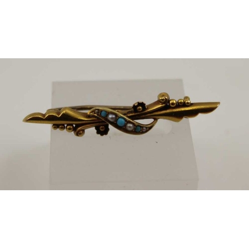 51 - A 15k gold brooch, set turquoise and seed pearls, together with an 18ct gold ring, set turquoise, gr... 