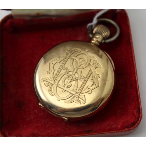 58 - A 9ct gold Walthen pocket watch, Roman numerals, overall 3.5cm diameter