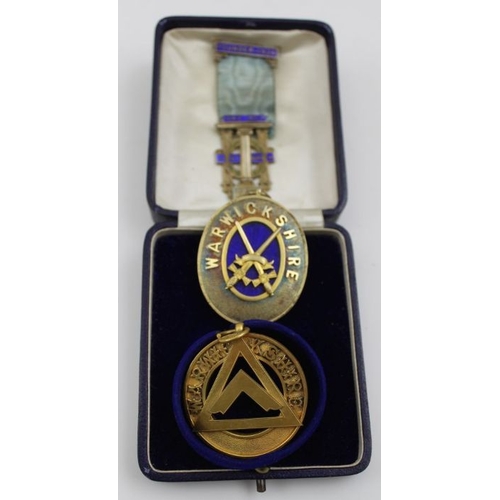 63 - A collection of three Warwickshire Masonic items, includes a pendant, silver gilt with enamel, Chest... 