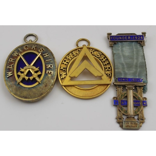 63 - A collection of three Warwickshire Masonic items, includes a pendant, silver gilt with enamel, Chest... 