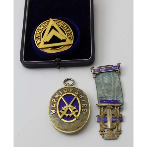 63 - A collection of three Warwickshire Masonic items, includes a pendant, silver gilt with enamel, Chest... 