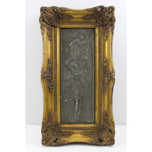 86 - An Art Nouveau design plaque silvered metal effect, 31cm x 11cm, in fancy gilt frame