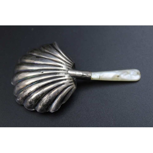 9 - A Georgian caddy spoon with silver shell form bowl, and mother-of-pearl handle, Birmingham 1812