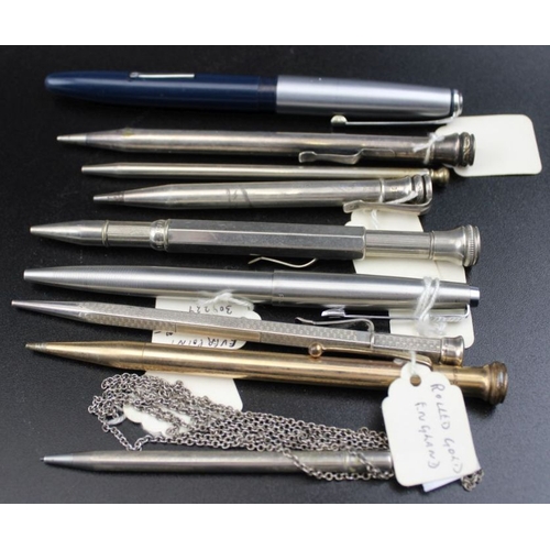 94 - A collection of nine propelling pencils & pens, includes silver & rolled gold Parker pen