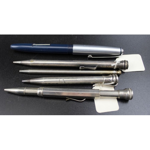 94 - A collection of nine propelling pencils & pens, includes silver & rolled gold Parker pen