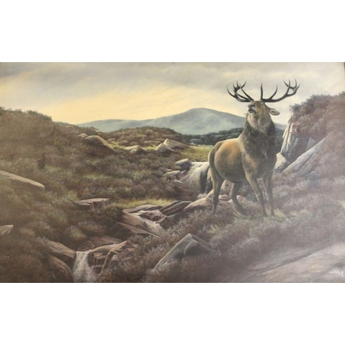 1 - Nigel Hemming - A large oil painting of a stag on the moor, gilt framed 100 x 152 cm