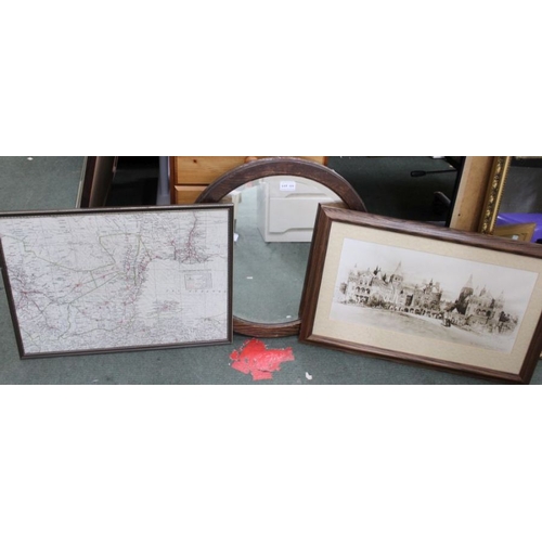 124 - A wooden framed brown bevel plate mirror, with a framed map and print.