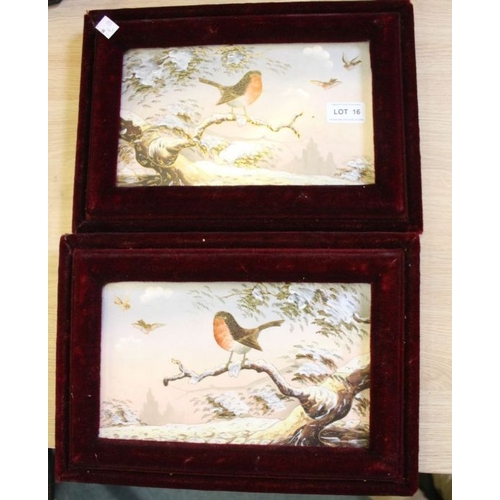 16 - A pair of Japanese hand painted plaques, depicting robins in a winter landscape, each housed in a ve... 