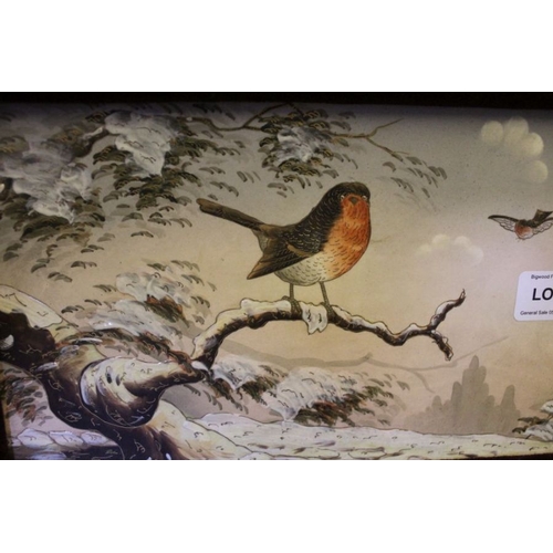 16 - A pair of Japanese hand painted plaques, depicting robins in a winter landscape, each housed in a ve... 