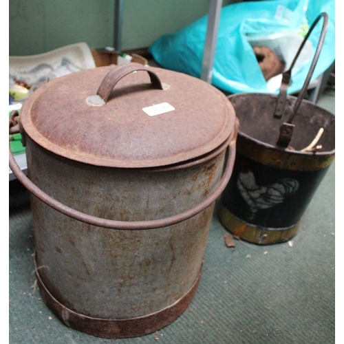 189 - A metal swing handled lidded coal bucket, together with a painted pail, stencilled with chickens