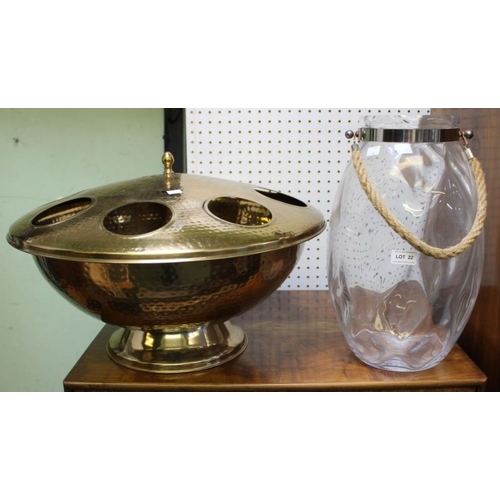 22 - A large brass wine cooler and a large vessel with rope handle