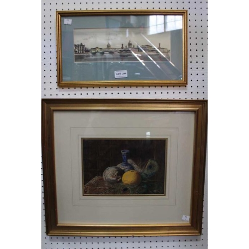 244 - Emily Booker a still life watercolour and an architectural riverscape scene indistinctly signed