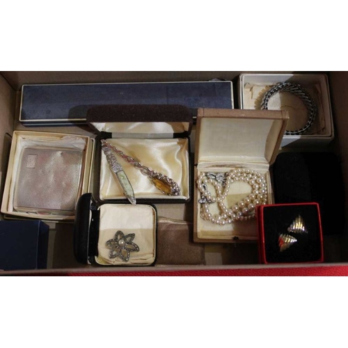 245 - A selection of costume jewellery and related items, to include silver compact