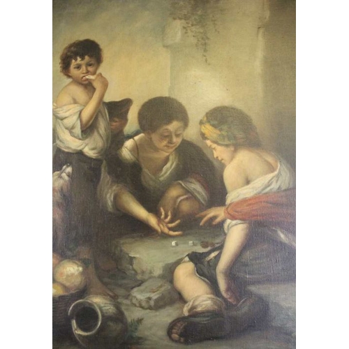 250 - An original oil painting of peasant children playing dice