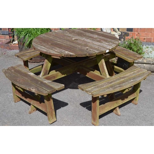 306 - Circular garden bench with integral seats, 106cm diameter table top