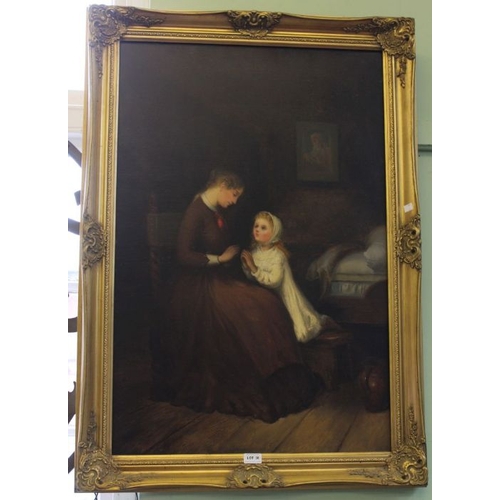 38 - An original oil painting of a mother and child praying within fancy gilt frame