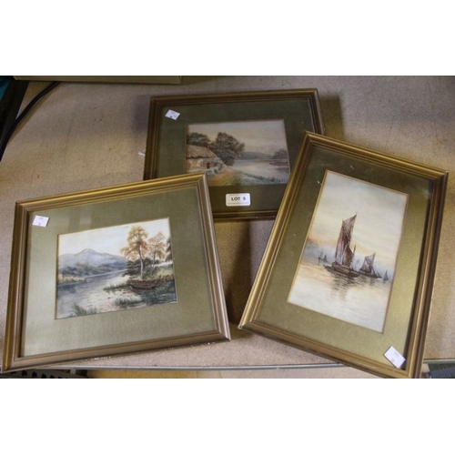 5 - Three small watercolours, sea / river scenes, gilt mounted and framed