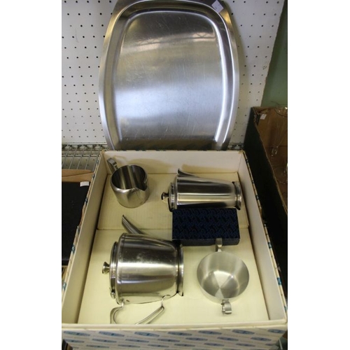 53 - Original Old Hall 'Balmoral' boxed tea set together with a similar stainless steel tray.