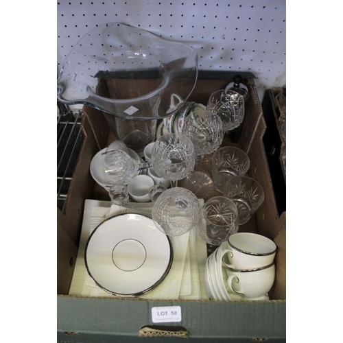 58 - A box of assorted china and glass, includes; cut glass hocks, a brandy balloon, tumblers, and a larg... 