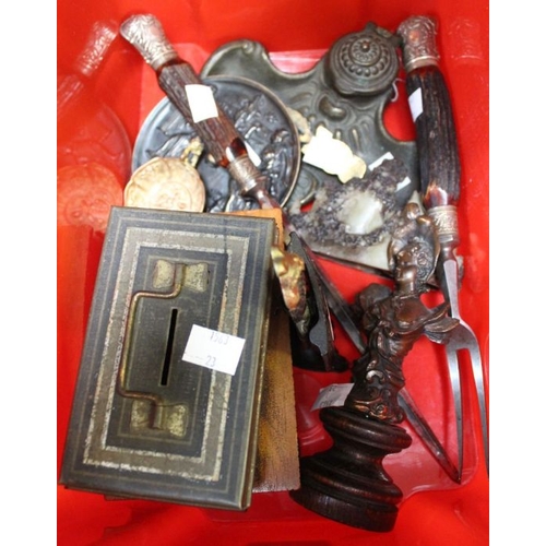 78 - A small red crate containing a selection of collectible items includes an Art Nouveau ink stand, sov... 