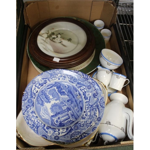 80 - A box containing a selection of china and porcelain wares. Includes a Worcester plate and a small co... 