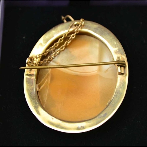 103 - A 9ct gold framed cameo brooch, with safety chain, overall size: 5cm x 4.5cm