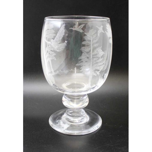 126 - A 20th century large glass goblet with landscape and wild animal etched decoration 20 cm high