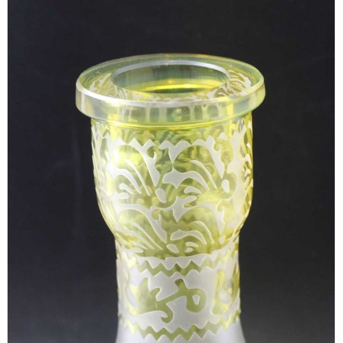 127 - A bohemian glass huqqah base overlaid citrine glass engraved with a landscape and birds in flight 26... 