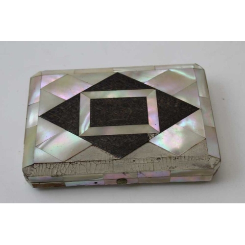 152 - A 19th century Chinese visiting card case 6 x 10 cm, plus a mother-of-pearl purse and a snuff box, t... 