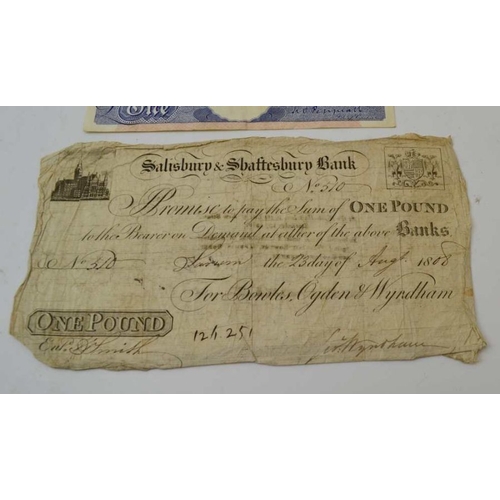 153 - Salisbury & Shaftesbury Bank White Pound Note 1808 with a Bank of England blue pound note