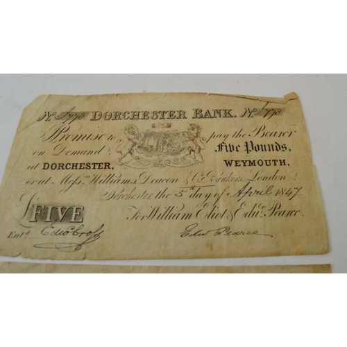 154 - Two Dorchester Bank White Five pound notes, Weymouth 1847