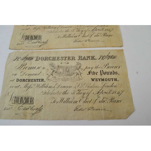 154 - Two Dorchester Bank White Five pound notes, Weymouth 1847