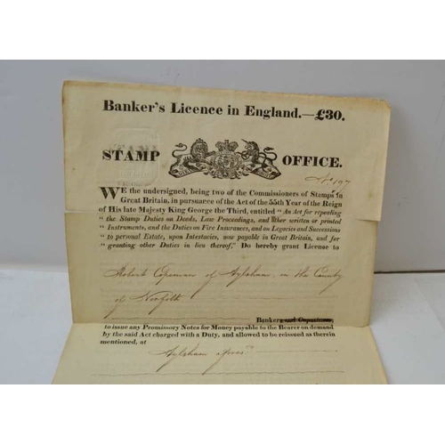 155 - The remains of an early 19th Century 'Banker's Licence' costing £30, together with two vintage blank... 