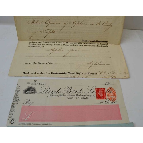 155 - The remains of an early 19th Century 'Banker's Licence' costing £30, together with two vintage blank... 