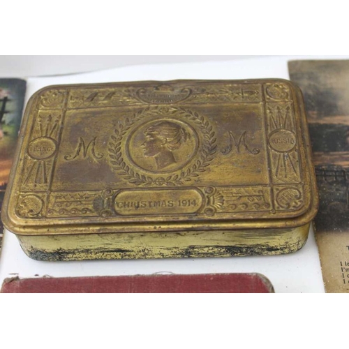 157 - WWI lot - includes Princess Mary tin with tobacco original contents, an infantry training 1914 book,... 