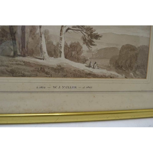 168 - W.J. Muller (1812-1845), extensive landscape, (to the foreground figures beneath trees) sepia drawin... 