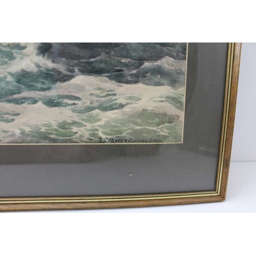 172 - E.C. Pascoe Holman BWS, Rough sea, a distant ship on the horizon, watercolour painting, signed, 26cm... 