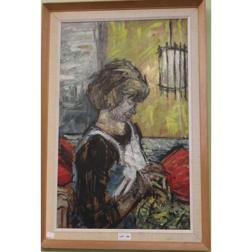 184 - Follower of John Bratby - a 1960's oil on board a woman sewing 66 x 41 cm unsigned in period frame