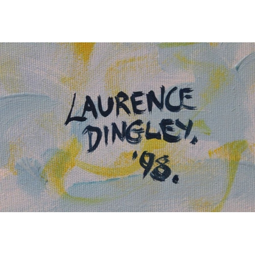 185 - Laurence Dingley - a pair of abstracts, 90cm x 64.5cm, one signed and dated 98, each in slender gilt... 