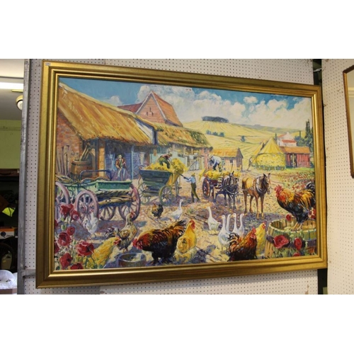 186 - Laurence Dingley - a large oil of a busy farmyard 91 x 139 cm signed in moulded gilt frame